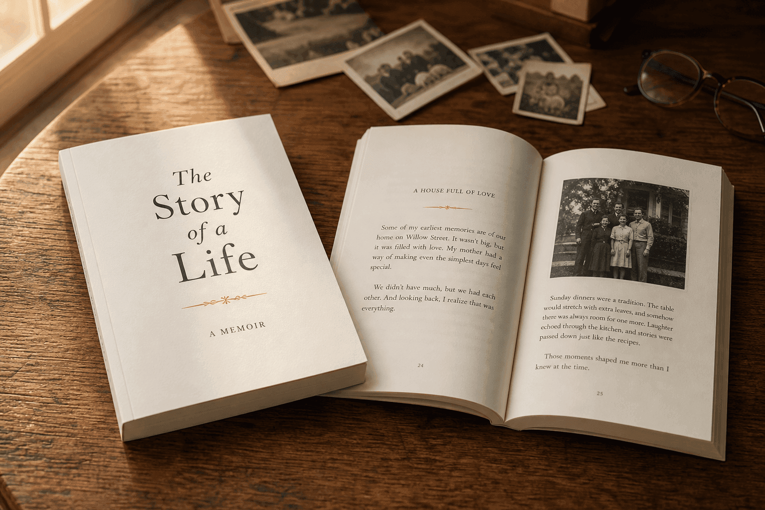 A finished Human Books keepsake, a 6 by 9 inch hardcover titled The Story of a Life, shown closed and open to a typeset page with a family photograph