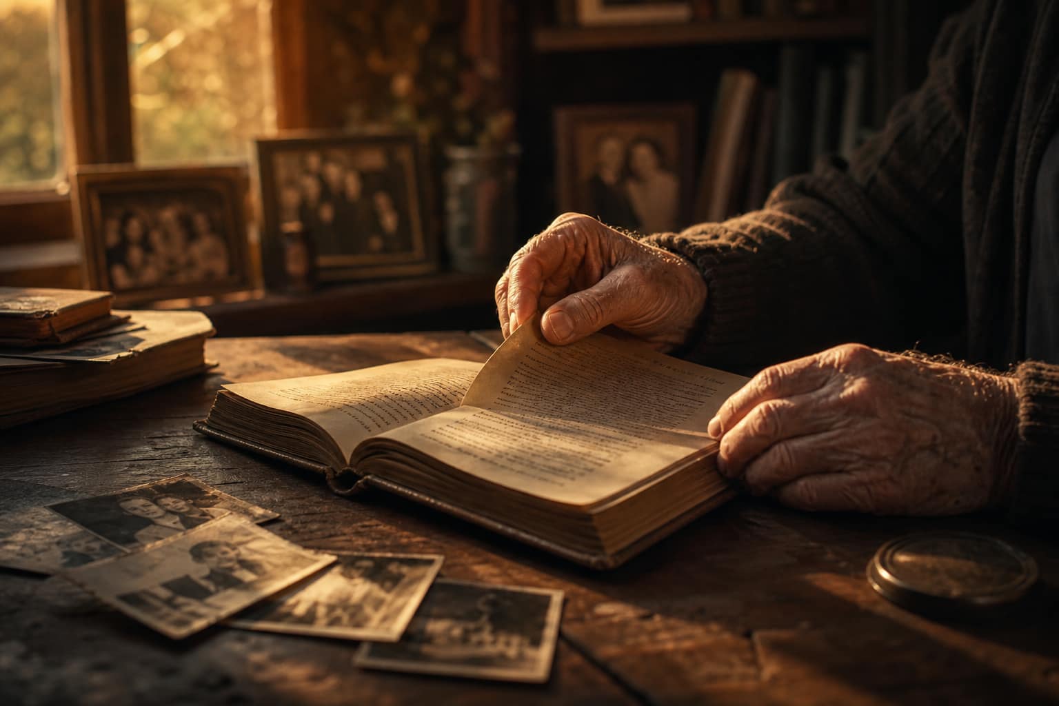 Elderly hands turning the pages of a handwritten book, surrounded by old family photographs in warm golden light